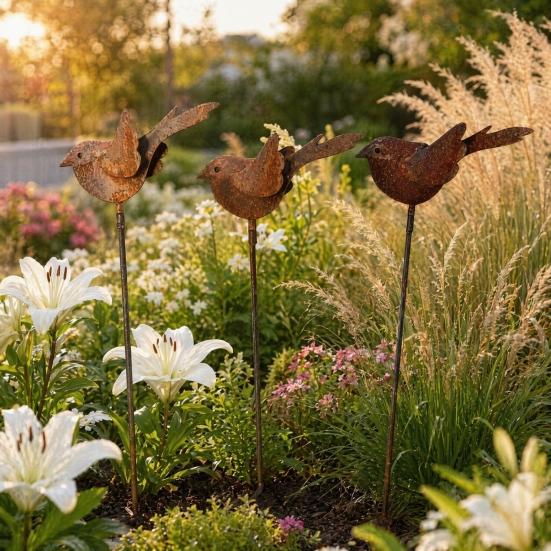 Accenti Bizzarri per il Giardino 3 Pezzi Palo a Terra con Uccelli in Metallo Arrugginito, Scultura di Uccelli Carini, Arte Decorativa Animali per Palo da Giardino Decorazione Esterna, Regali Amici