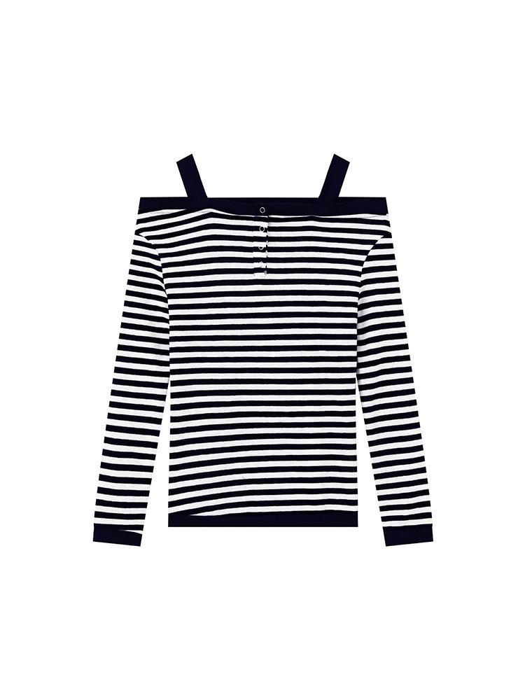 Striped Off-Shoulder Camisole Long-Sleeve T-Shirt for Women - Slim Fit Autumn Layered Top
