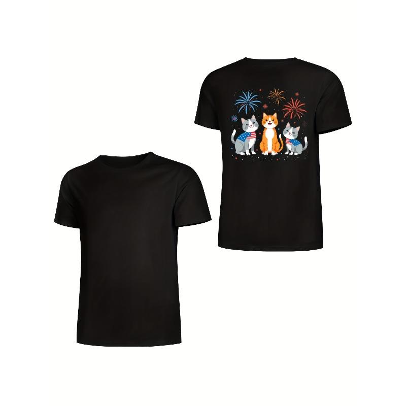 European sizes Men'S Patriotic Cats Graphic T-Shirt - "Happy Independence Day" Back Print, Black with Colorful Fireworks & American Flag Design