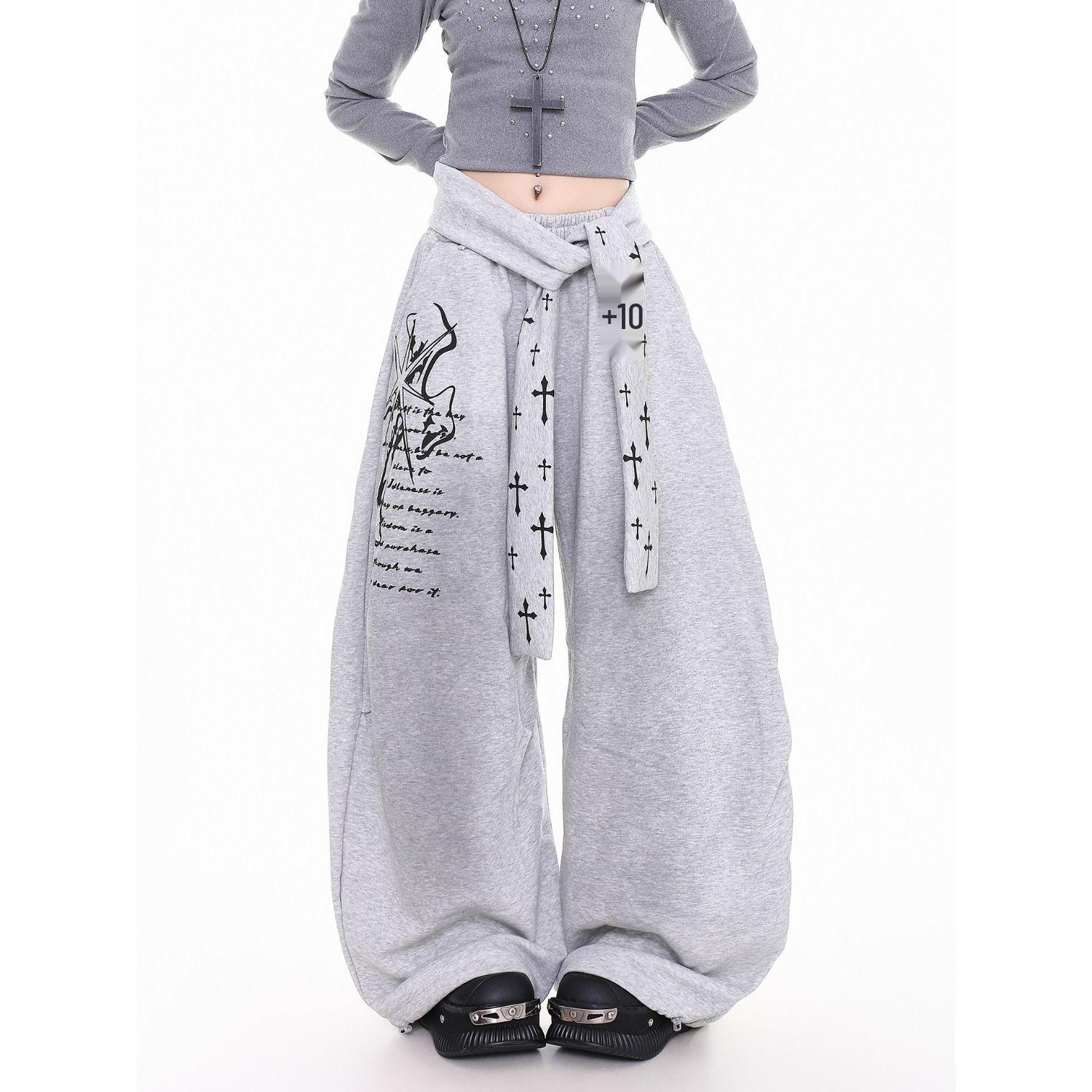 American Retro Cross Strap Women s Washed-out Velvet Joggers for Winter Medium серый