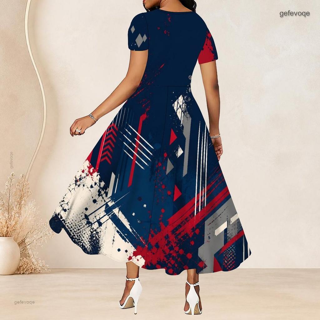 Women Plus Size Round Neck Short Sleeve Printed Color Block A Line Long Dress