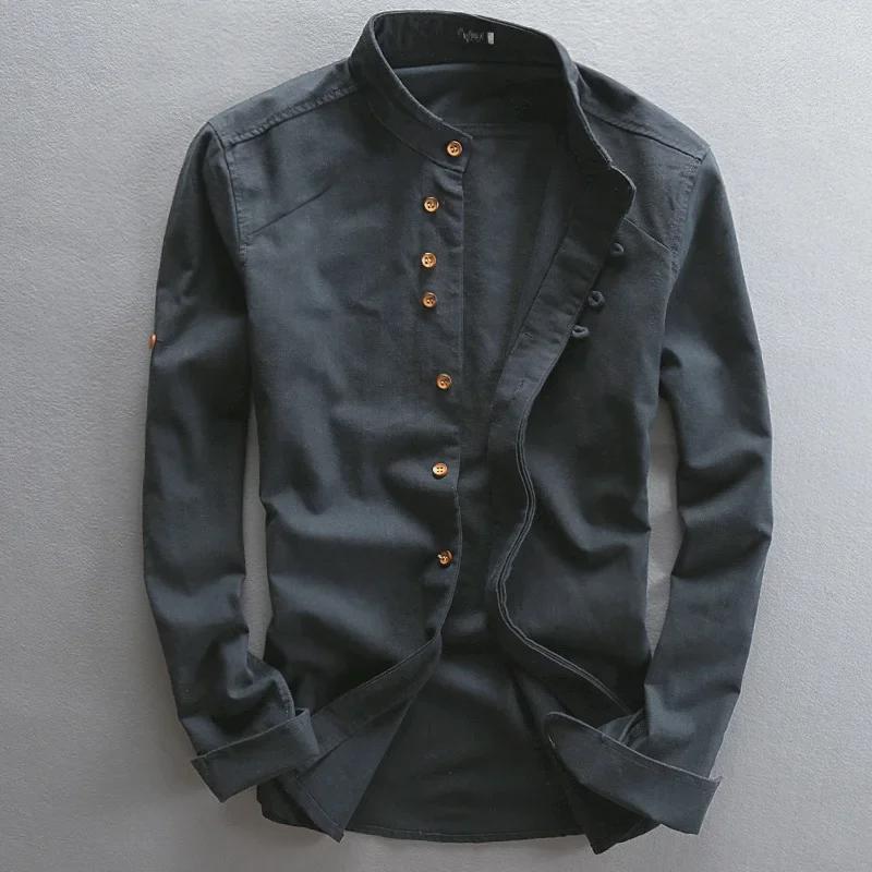 

2026 Men s Casual Chinese Style Linen Shirt with Stand-Up Collar 7XL