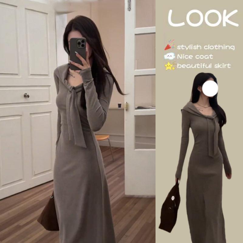 Pure desire gentle temperament splicing lace-up long-sleeved dress women s early autumn new waist and thin long dress women s clothing S