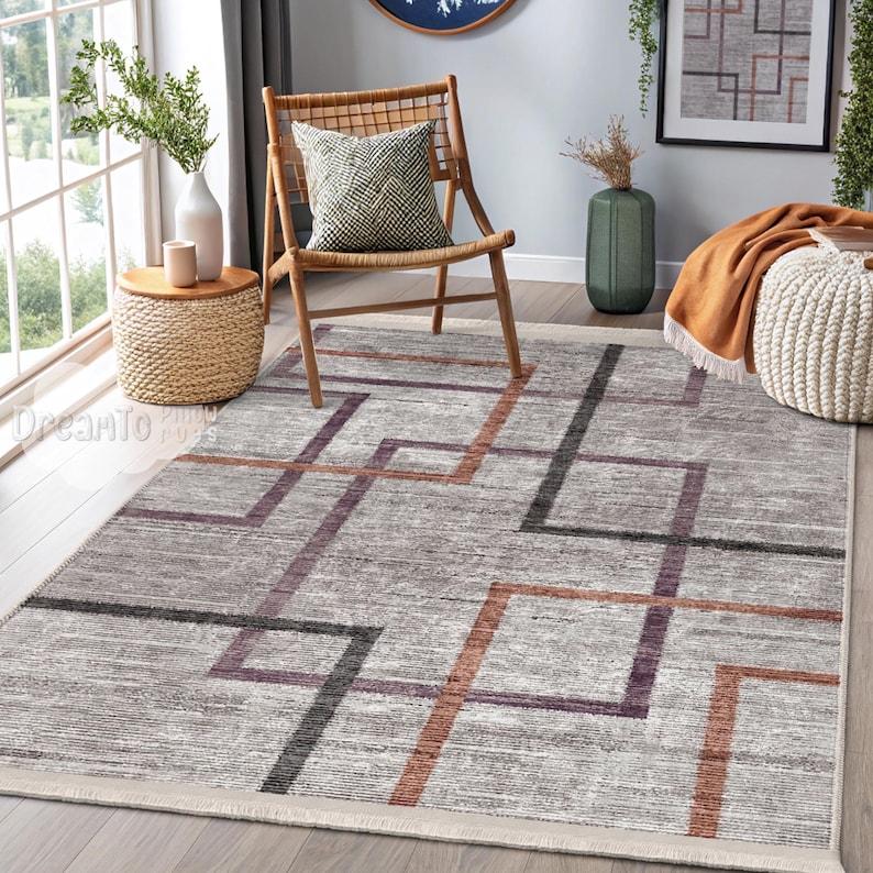 

Modern Geometric Purple Lines Rug-Minimalist Light Gray Carpet-Rusty Orange Artsy Grid Throw 60*90cm