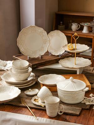 French Ceramic Tableware Set, Embossed Plates, European Western Plates Round Plates, Soup Plates, Bowls Plates, Cups and Saucers
