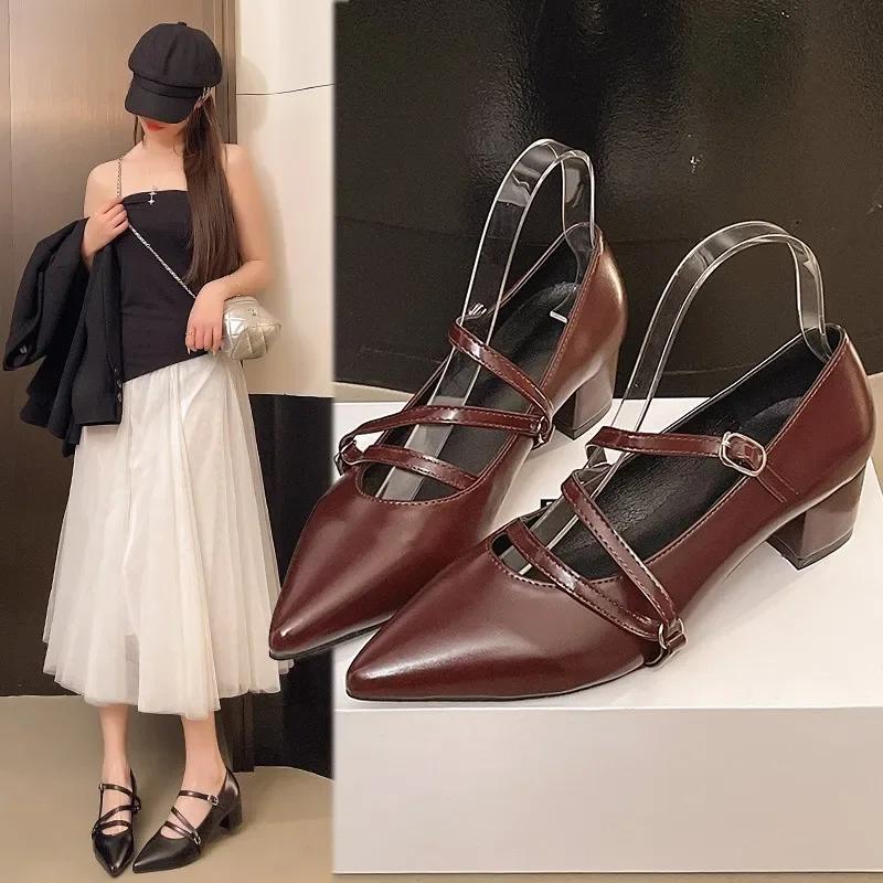 Fashion Summer 2025 Women's Wine Red Patent Leather Cat Heel Sandals Buckle Pointed Toe Thin Heel Single Shoes High Heels Casual Footwea