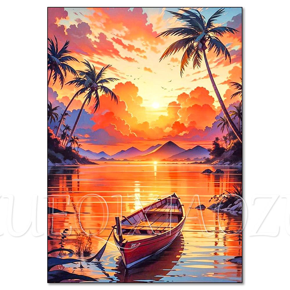 Cactus Sailboat Sunset 5D DIY Diamond Painting Kit Landscape Full Diamond Mosaic Cross Stitch Kit Room Decoration Gift