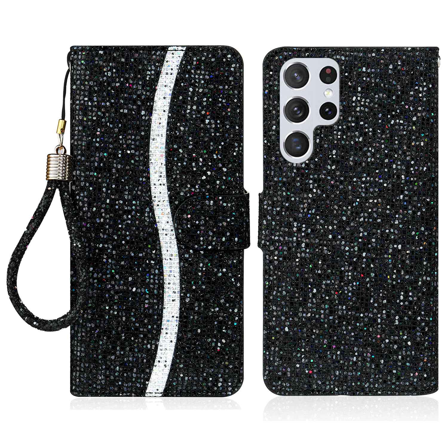 

For Samsung Galaxy S24 Ultra Case Glitter Splicing Leather Wallet Stand Phone Cover Black