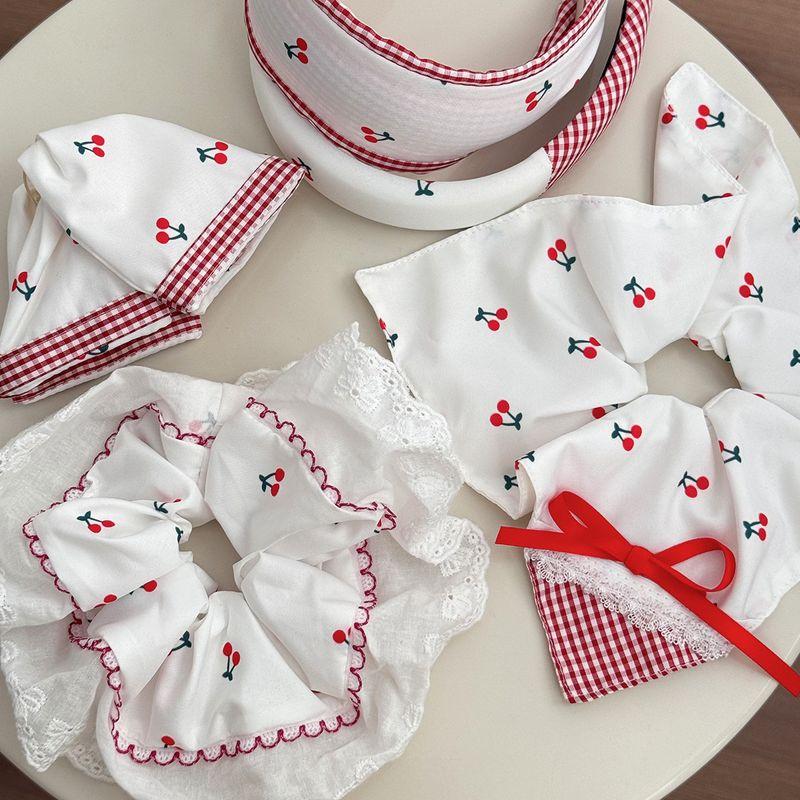 1pc Pure white lace large intestine loop, sweet and cute cherry square scarf, low ponytail tie, hair tie, hair accessory
