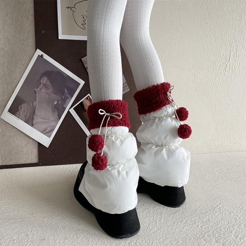 Lamb Fleece Trim Padded Puffer Leg Warmers with Cute Plush Balls for Women Warm Thermal Quilted Boot Cuffs Foot Covers