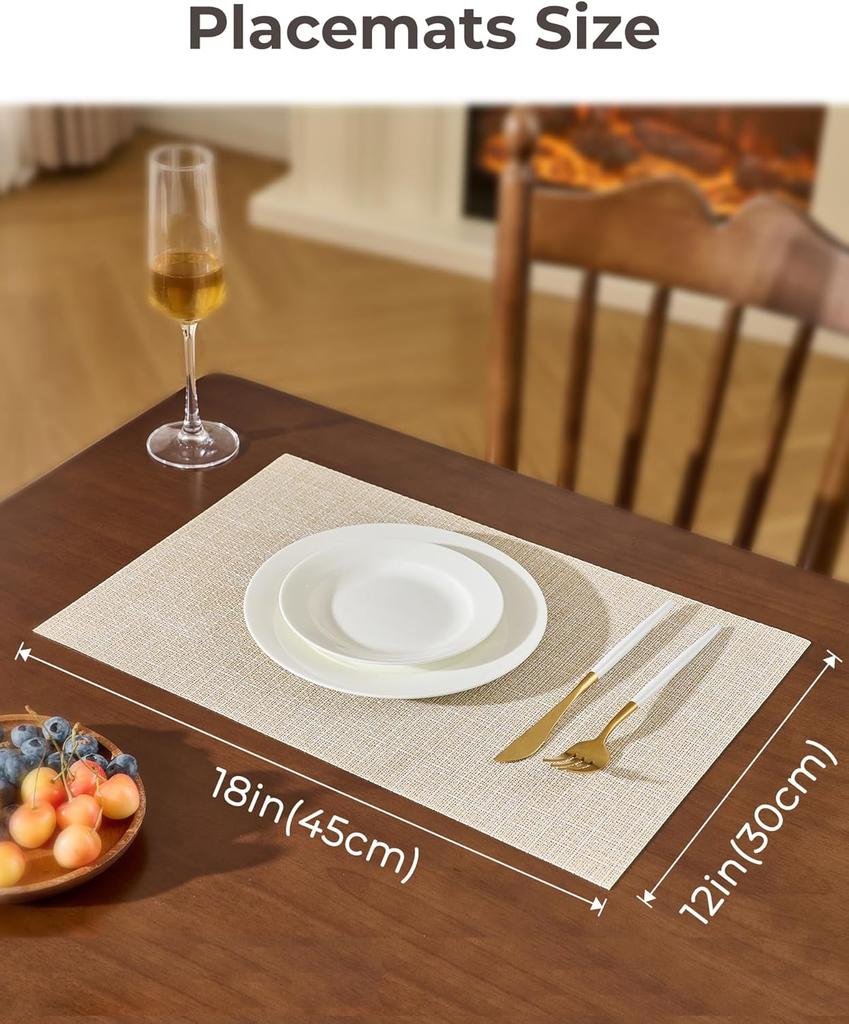 4PCS 30x45cm Washable Placemats Beige Heat Resistant Non-Slip Place Mats for Dining Table Placemats Woven Vinyl Durable