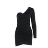 Autumn Sexy Single Shoulder Long Sleeve Pleated Fine Flash Bag Buttock Dress for Women