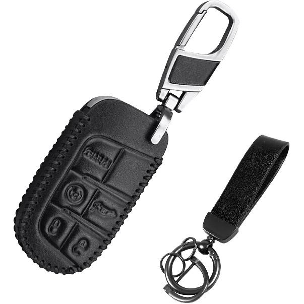 Leather Key Fob Cover Compatible with Dodge Durango Challenger Leather Protector Shell Fob Case Chain чёрный