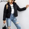 BITCED Women's Short Stand-Collar Down-Filled Cotton Jacket Simple Oversized Fit Zip-Up Puffer Coat Cotton Outerwear