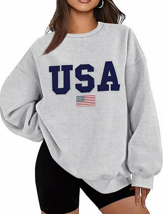 Women's Gothic Harajuku Plus Size Round Neck Hoodie with American Flag Print