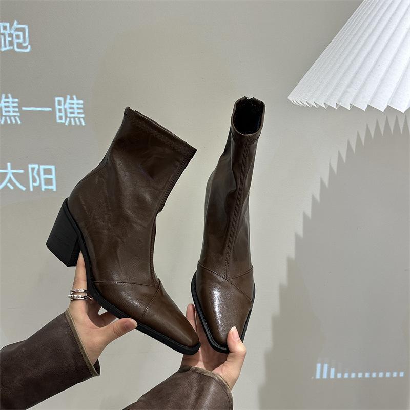 

2025 новый стиль квадратный носок толстый каблук короткие женские ретро универсальные ботинки Martin с застежкой-молнией сзади модные 39