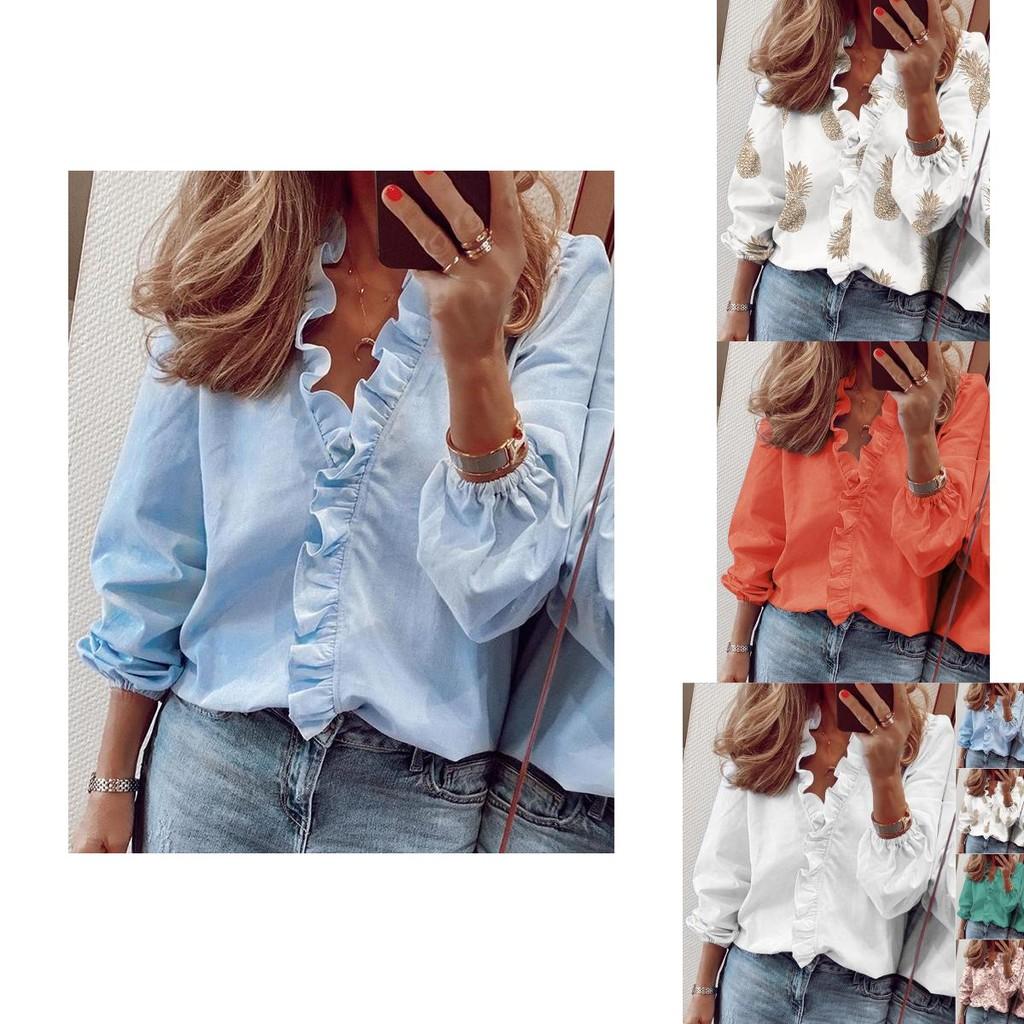 Elegant Womens Long Sleeve Shirts Blouse With Ruffle V Neck And Plus Size Options