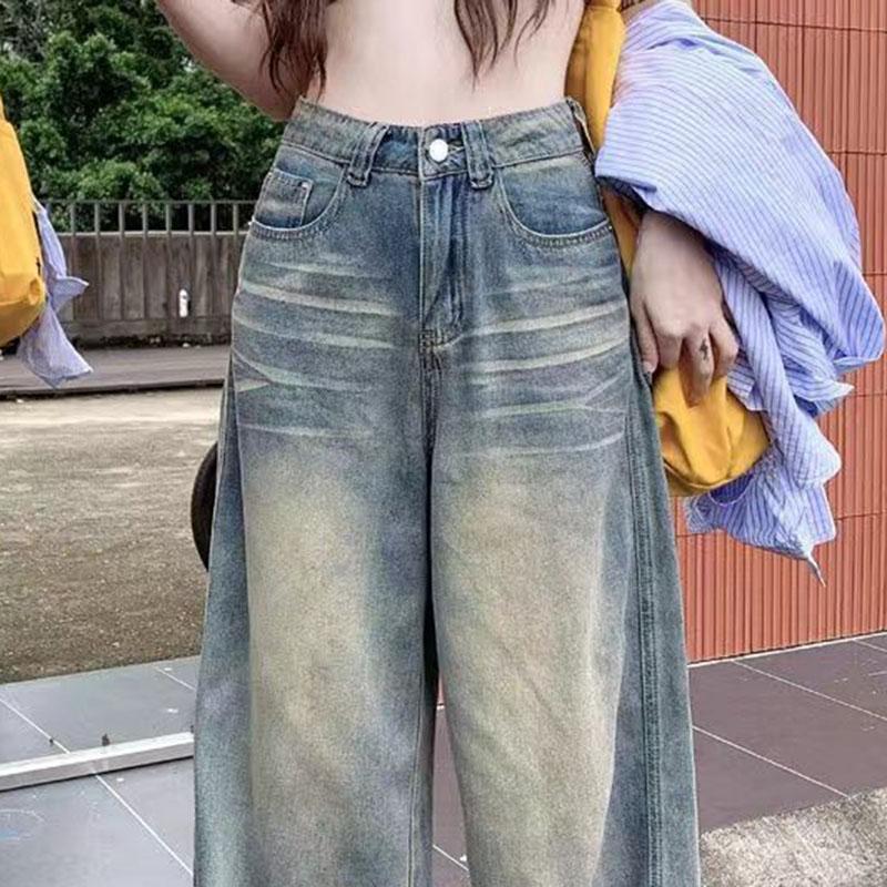 Spring Summer Vintage Chicly Button Jeans Women American Simple Baggy High Waisted Denim Pants Washed Y2K Wide Leg Jean Trousers
