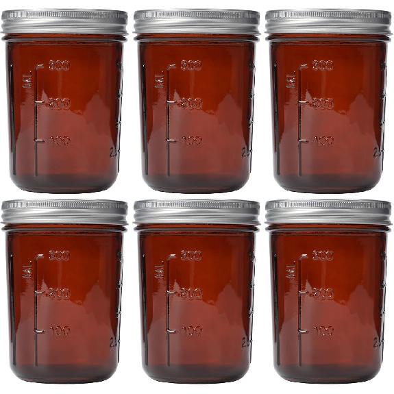 KORCCI Amber Glass Mason Jars 16oz - 6 Pcs Wide Mouth Mason Jars With Lids And Bands. Empty Candle Jar, Food Storage Containers, Canning Jar For