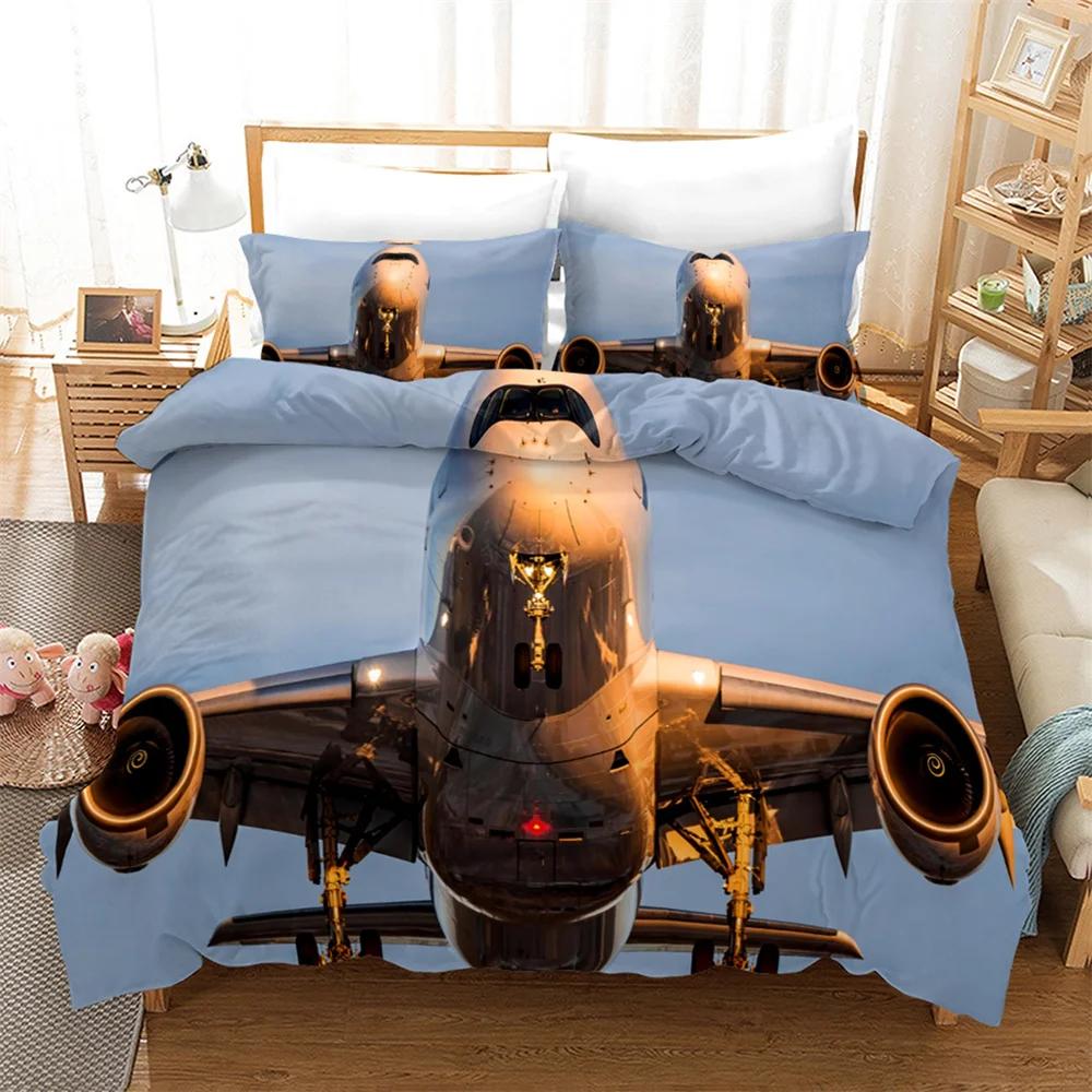 Airplane Duvet Cover Aviation Aircraft Sky Polyester For Kids Children Teens Blue Sky And White Clouds For Bedroom Decorations EU Single(135*200cm)3pcs