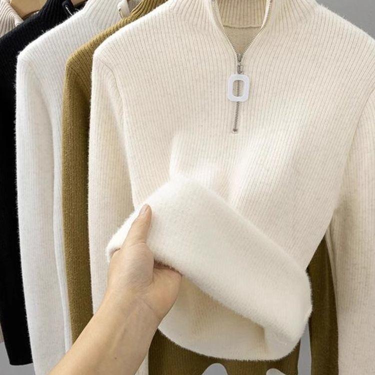 

Женский флисовый свитер, толстый плюшевый на подкладке, облегающий свитер, пуловер с полувысоким воротом, вязаный топ, однотонный эластичный трикотаж L абрикосовый