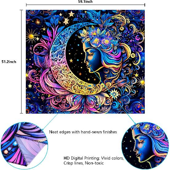 AtawLege Blacklight UV Reactive Wall Art - Moon and Star Tapestry, Sun Mandala Tapestry, Aesthetic Boho Wall Hanging for Bedroom (51.2 X 59.1 Inches)