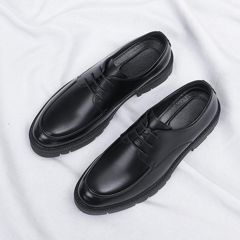 Men's Formal Leather Shoes, Autumn Style, 8CM Inner Lift, Thick Sole, Lace-up, Trendy Big Toe Design.