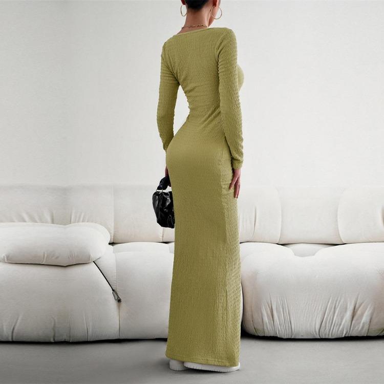 Herbst Damen Einfarbig Slim Fit Strickkleid Langarm Eckiger Ausschnitt