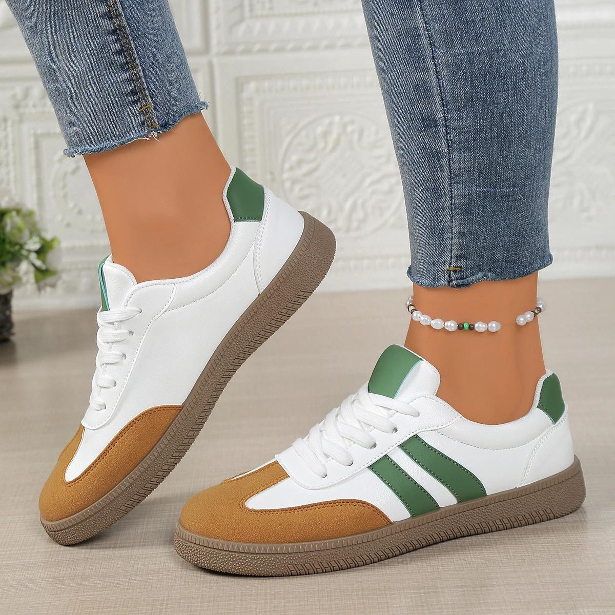 

Ladies Casual Sports Shoes - White Green Color Matching With Brown Ribbon, All Season Comfortable Low Cut Walking Shoes 36