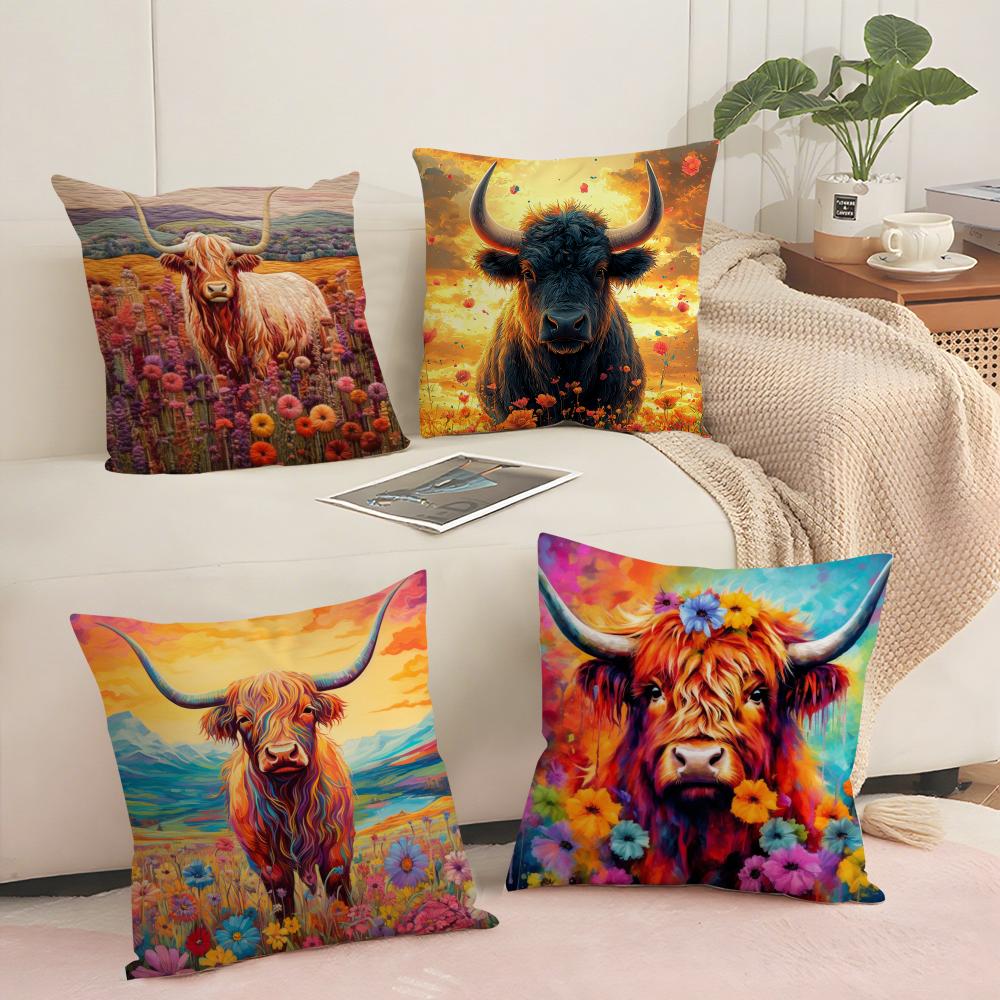 Vibrant Highland Cow Pattern Cushion Cover Silky Short Plush with Invisible Zipper Dustproof Sofa Pillow Cover for Home Decor