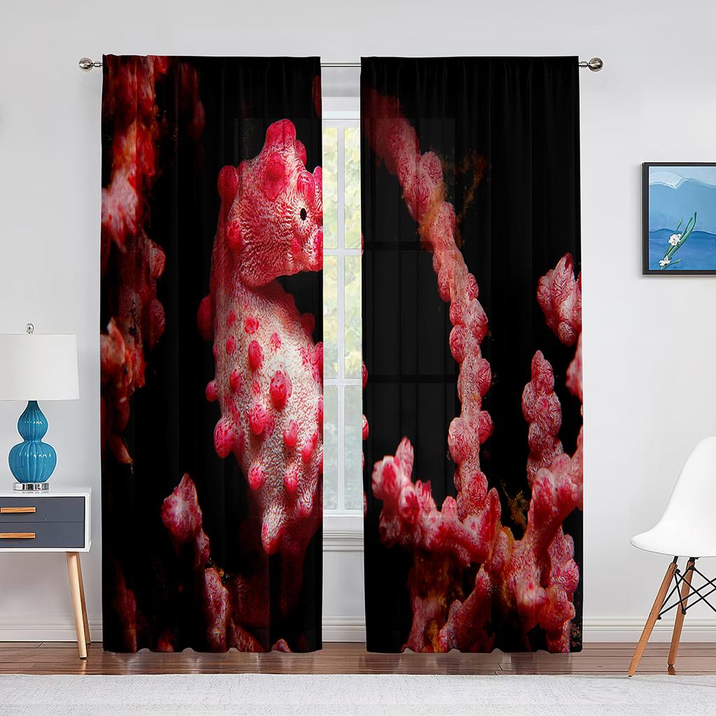 Ocean Seahorse Blue Sheer Voile Curtain Underwater Marine Life Window Tulle Curtains for Living Room Bedroom Kitchen Decoration