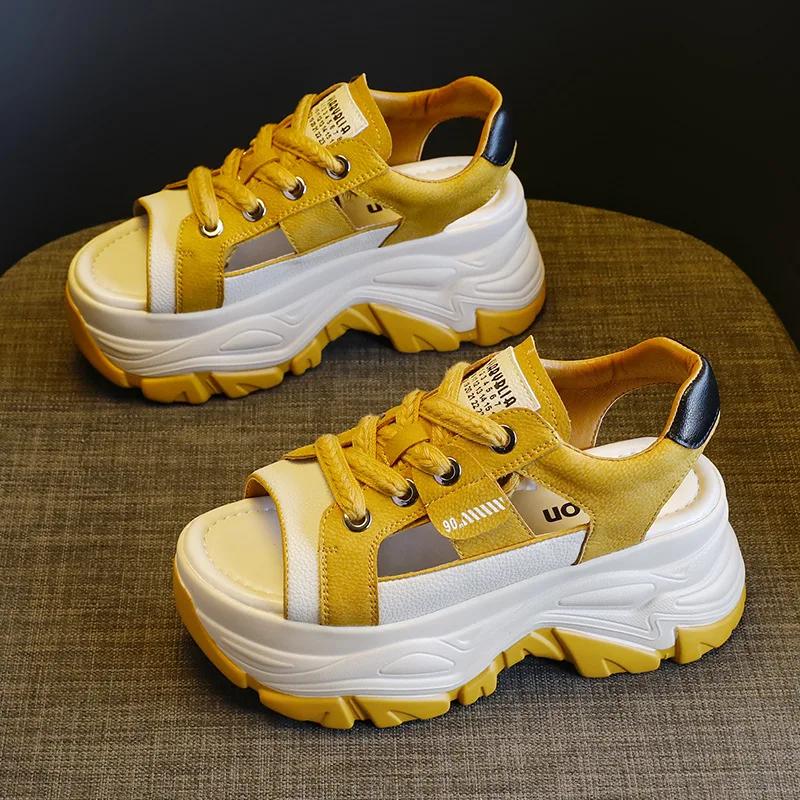 8cm Genuine Leathe Slippers Lace Up Hollow Multicolor Peep Toe Sandals Platform Wedge Ladies Women Summer White Slides Shoes