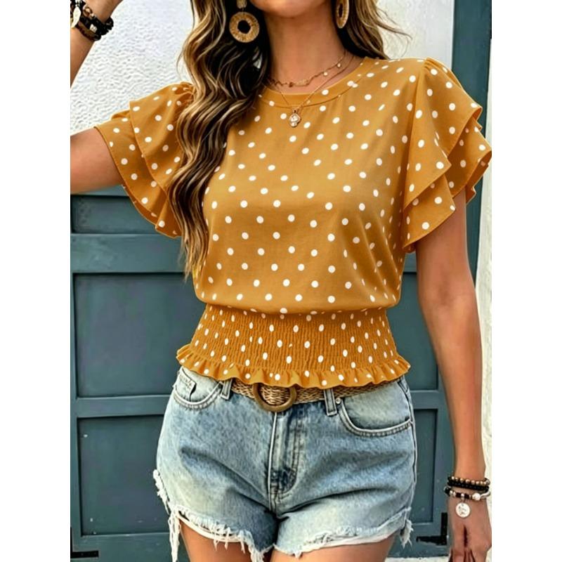 Women Polka Dot Print Round Neck Ruffled Short Sleeve Smocked Waist Casual T Shirt Top