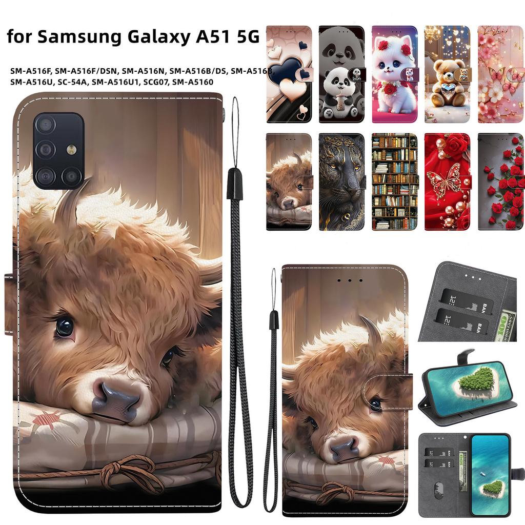 Handmade PU Leather Flip Case for Samsung Galaxy A51 5G (SM-A516F/A516B)- Anti-Slip Shockproof Cover with Wrist Strap & Heart/Rose Cat Designs