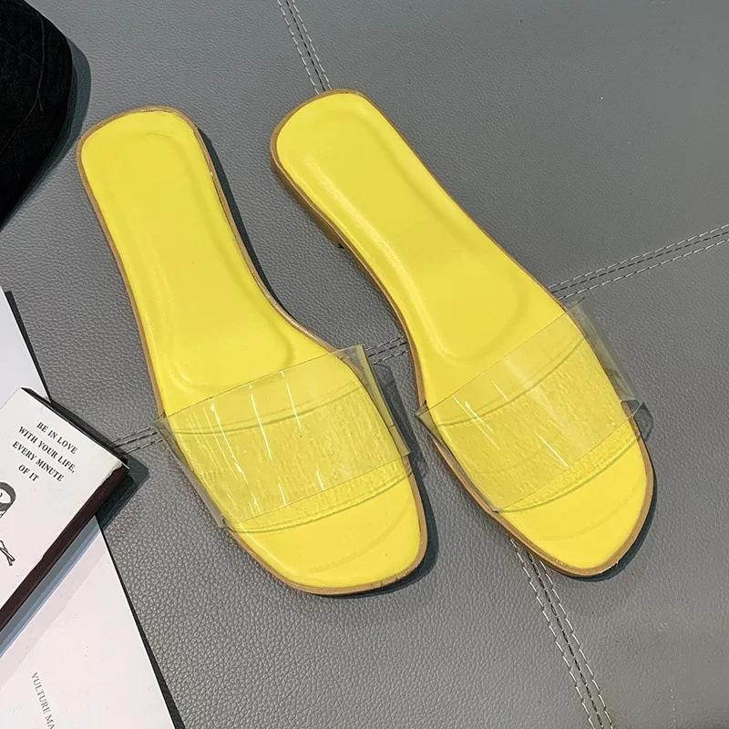 

Fashion New Summer Women S Simple Crystal Slippers Woman Transparent Flat Open Toe Solid Color One-line Beach Slippers Female Sandals 35 жёлтый
