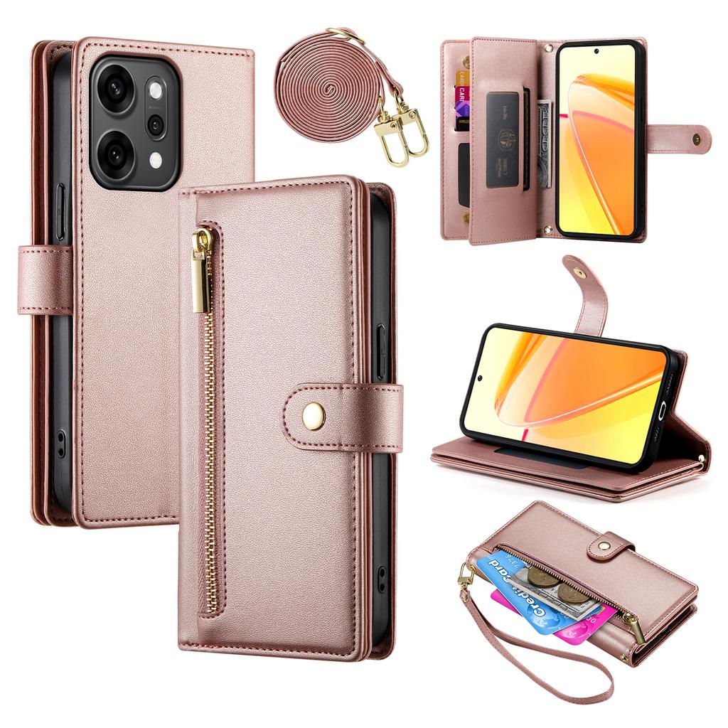 For Oppo Reno14 Pro 5G (Global) Case Zipper Pocket Wallet Leather Phone Cover with Straps