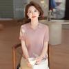 Mom's Summer Lace-Up Ice Silk Knit T-Shirt for Middle-Aged Women, New Lapel Style, Loose Fit, Lightweight Short Sleeve