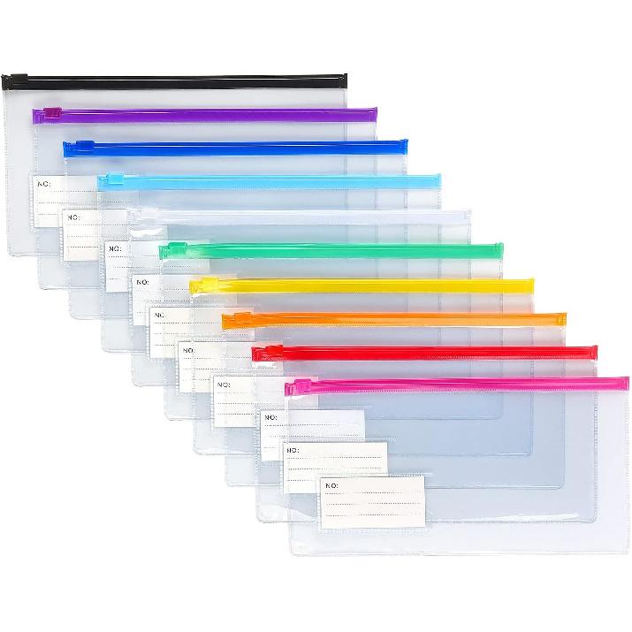 Tamaki 10 Pack Zipper Plastic Envelopes, Small Plastic Envelopes, A6 Size for Pencil Case Bulk, Bill Bag, 10 Color (9x4.7 Inch)