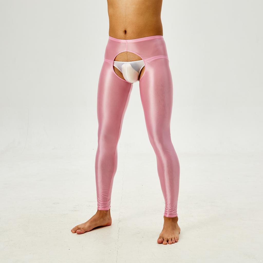 Herren Open Crotch Leggings Glänzendes Design Hoher Bund Schmal Geschnitten Strumpfhose Baselayer Tanzhose