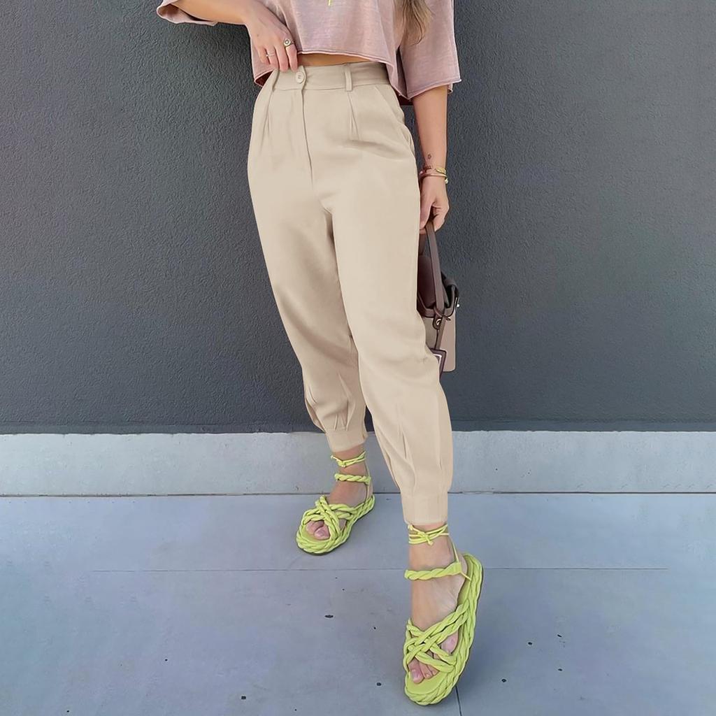 Women's Summer High Waisted Pants Casual Length Work Trouser Slacks With Pockets
