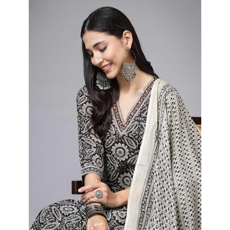 Pinkmint Kalamkari Printed Straight Kurta with Side Pocket Kurta Set Black XL