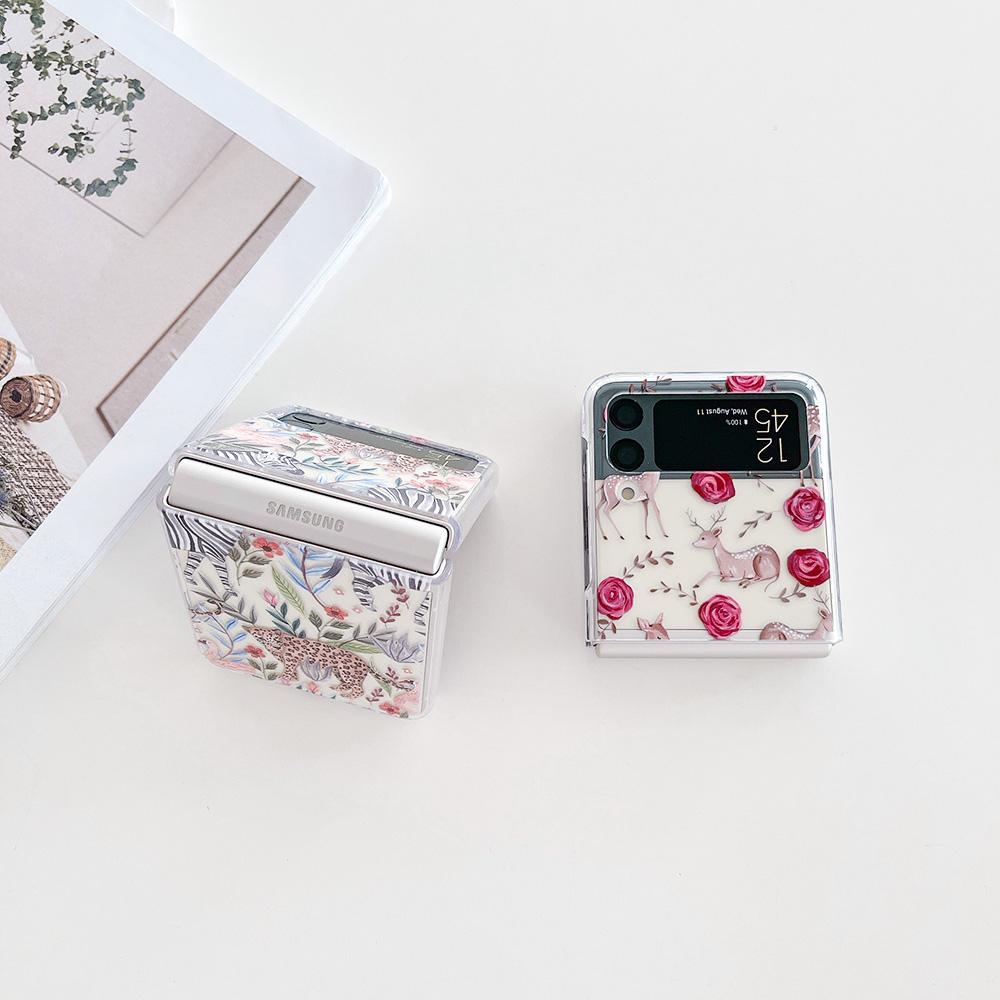 For Samsung Galaxy Z Flip 4 3 Flip4 Flip3 Case Jungle Leopard Rose Deer Painted Transparent Shockproof Folding Hard Back Cover