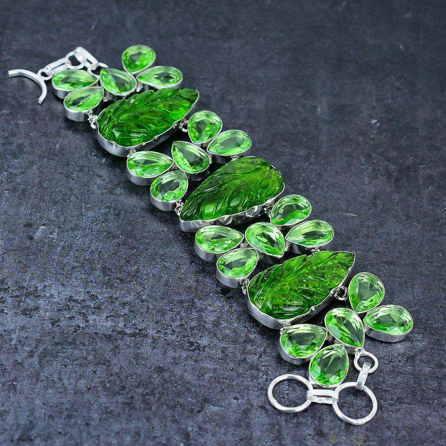 Přírodní Peridot, Tsavorit Drahokam 925 Sterlingové Stříbro Náramek 7-8" N7B79