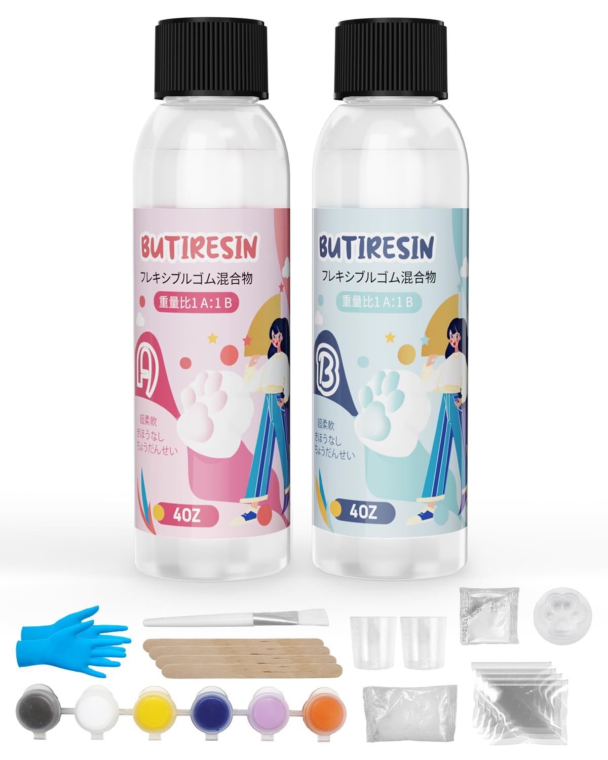 

ButiResin Squeeze Resin Liquid Kit 4oz + 4oz Starter DIY Pressure-Reducing Handmade Gift for Kids and Adults Japanese Instruction Manual