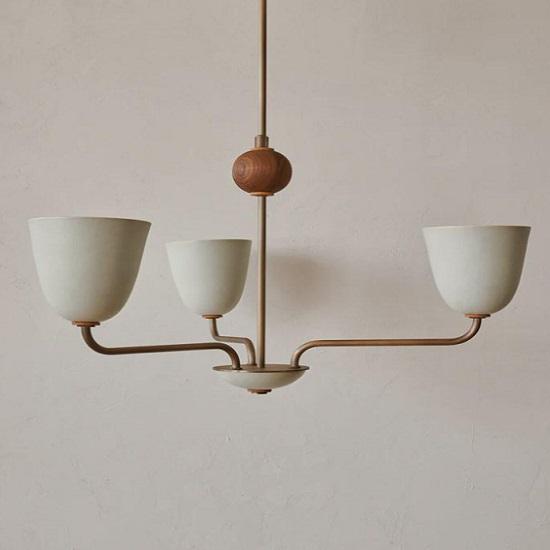 1950s Mid-Century Modern Brass Chandelier | Mid Century Wooden Ball 3 Arms Italian Modern Ceiling Pendant | Stilnovo Brass Ceiling Fixture