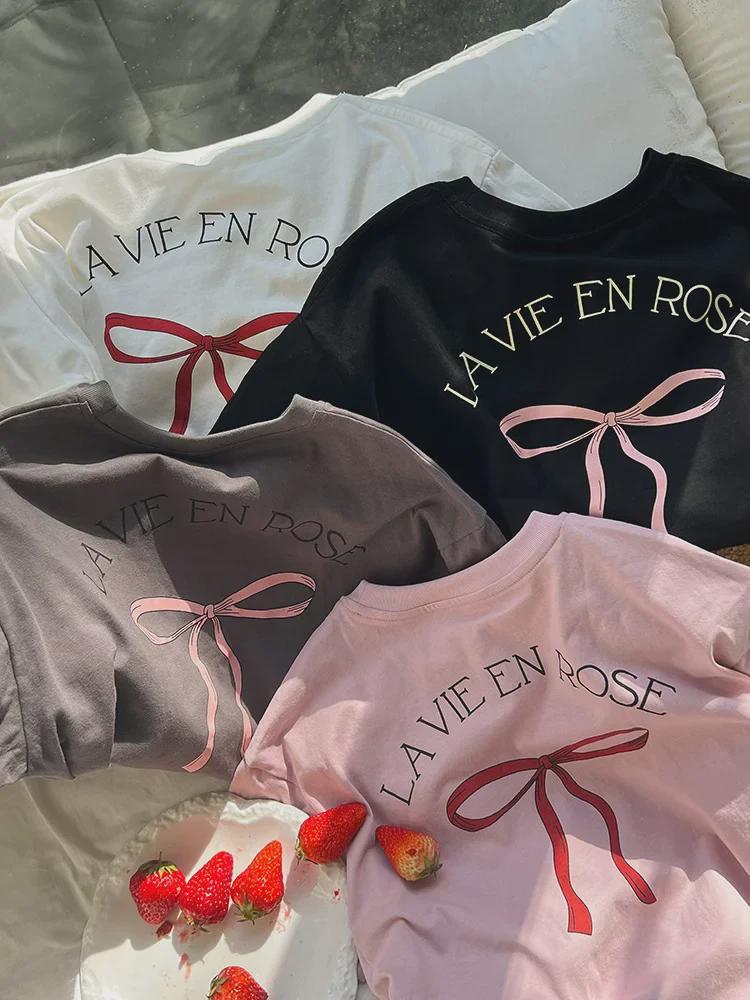 Lockeres T-Shirt-Kleid im koreanischen Stil für Mädchen mit Schleife auf der Rückseite – kurzärmlige Sommerkleidung, mittlere Größe