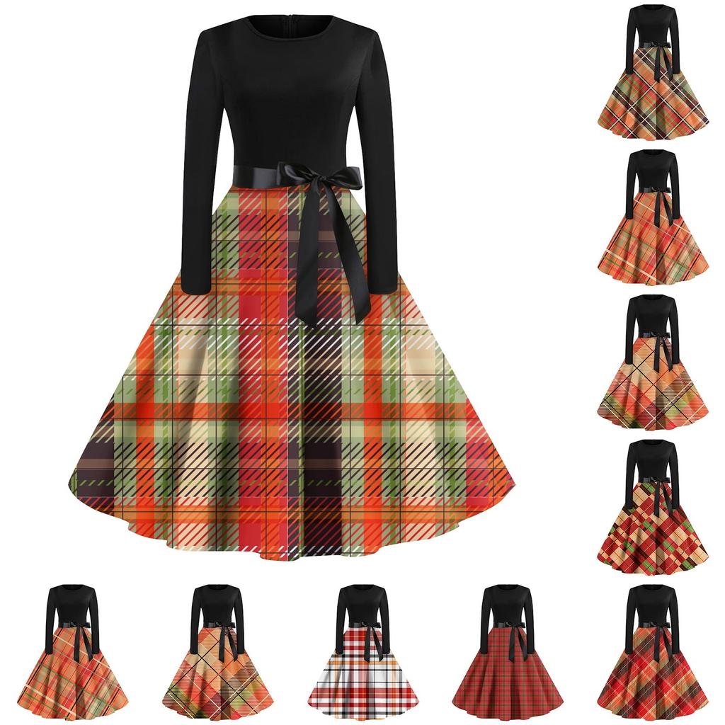 Robe de soirée à manches longues et col rond pour femme, imprimé à carreaux, style vintage, grande taille