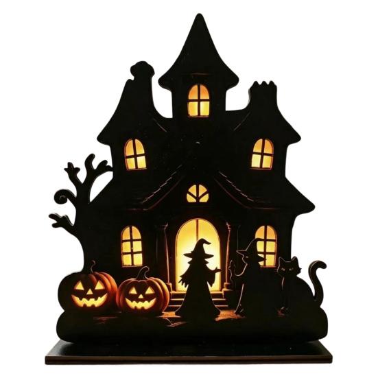DYS Witch Wooden Table Centerpiece, Spooky Castle Black Cat Standing Tabletop Ornament for Halloween Party, Desk Tiered Tray Decor