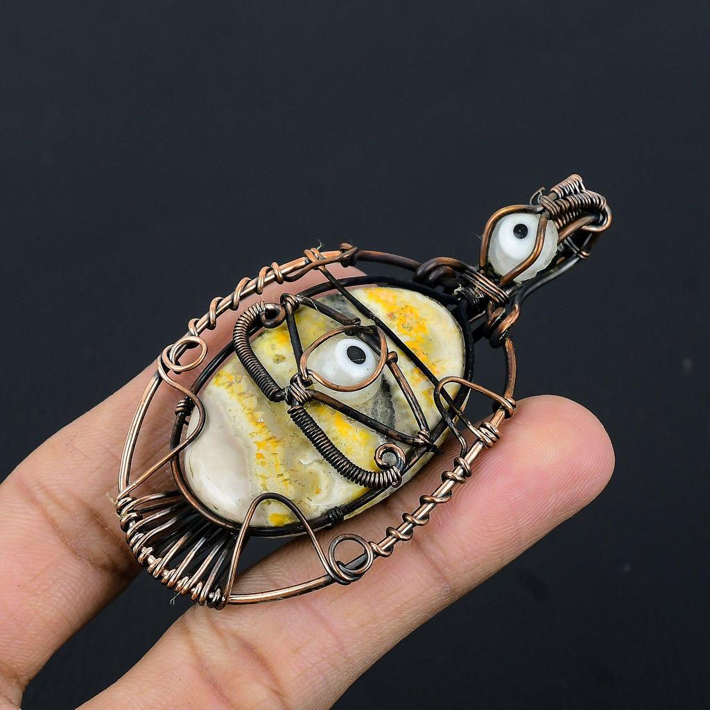 Bumblebee Jasper & White Evil Eye Pendant, 999 Copper Wire Wrapped Gemstone Jewelry, Handmade Pendant, For Mother Day
