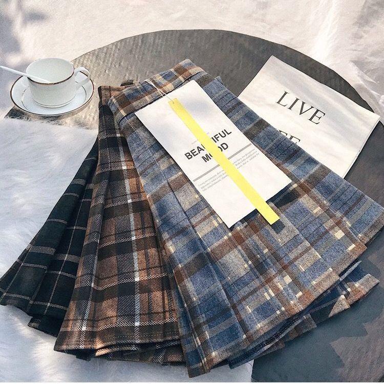 Nowa tweedowa plisowana spódnica w kratę z wysokim stanem, w kształcie litery A, cienka, w dużym rozmiarze, pół ciała